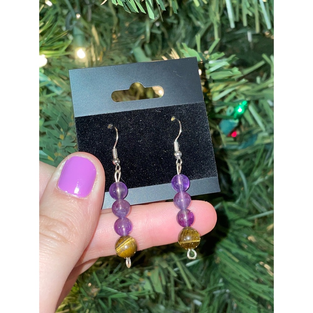 Amethyst + Tiger Eye Crystal Beaded Dangle Earrings | Handcrafted